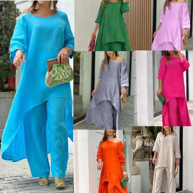 

Large size cotton and linen loose irregular long-sleeved top two-piece set fashionable simple and versatile temperament elegant
