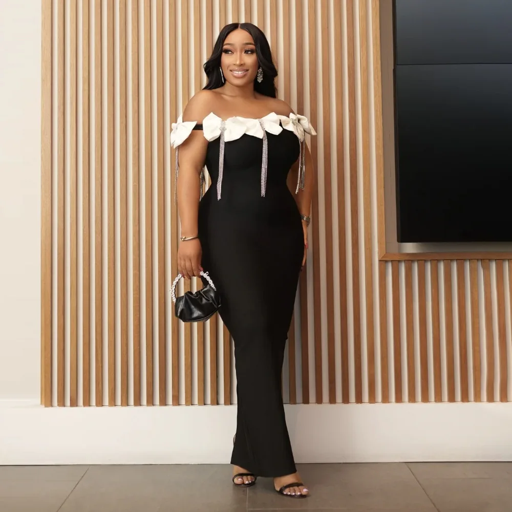 Sukienka damska na lato 2025 z jednym kołnierzykiem, biała, z dużą kokardą i diamentowym łańcuszkiem