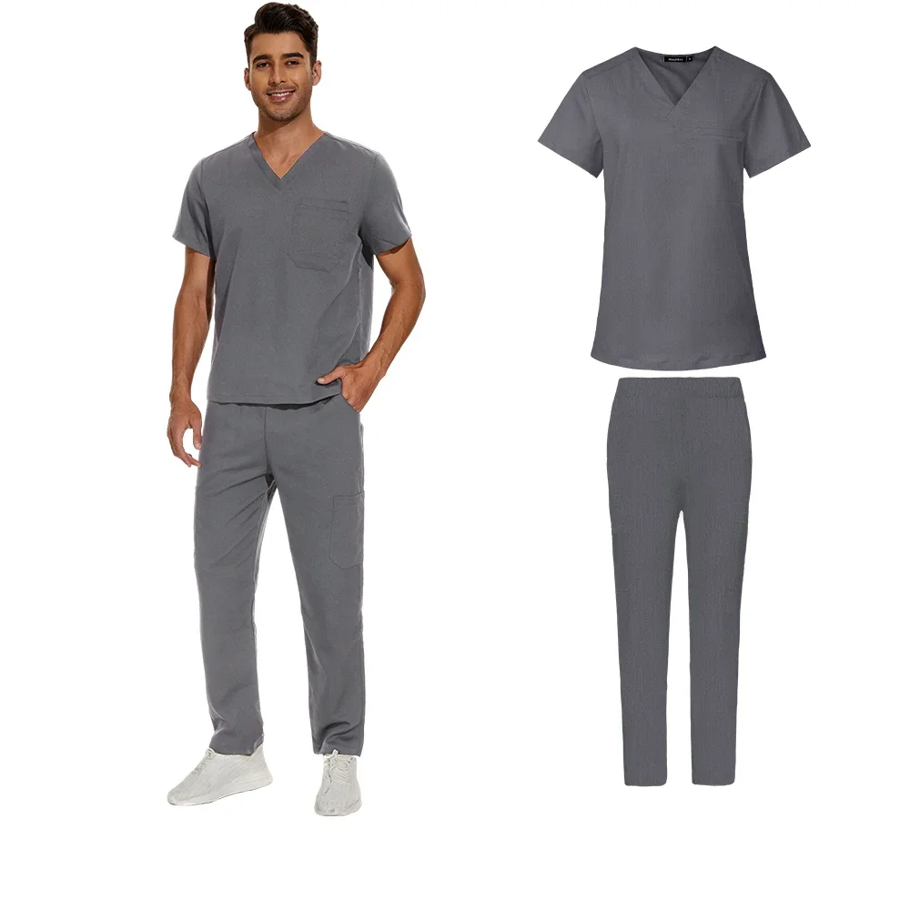 

Customizable LOGO V Neck Scrub Nursing Clothes Medical Uniforms Men Short Sleeve Dentist Doctor Costume Nurse Tops and Pants