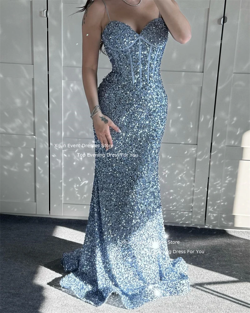 Xijun Glitter Mermaid Long Evening Dresses Blue Sequined Sweetheart Prom Dresses Sexy Spaghetti Strap Formal Party Gowns 2025