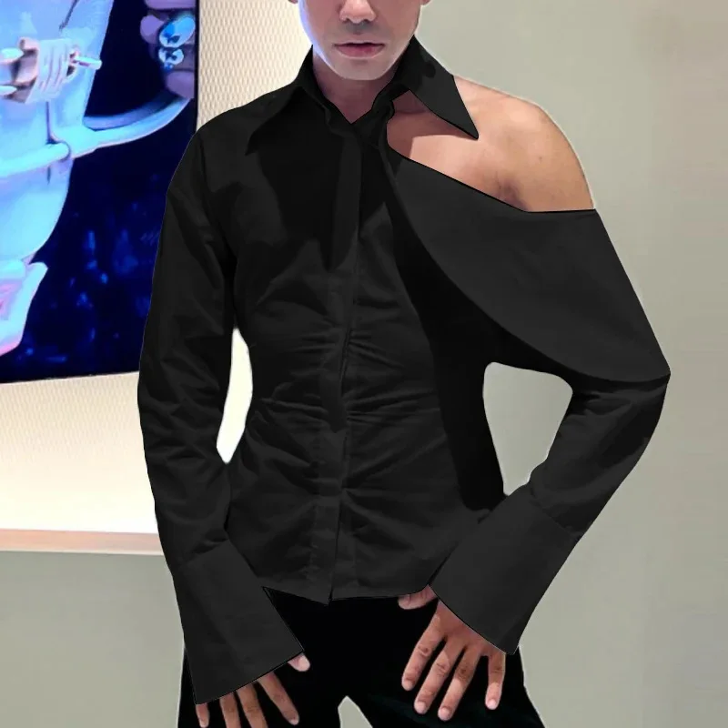 American Design Long Sleeve Shirt Men's Sexy Shoulder Bared Top Mens T-Shirt Slim Fit Decorative Stitching Formal Wear