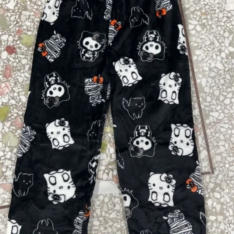 2024 Sanrios Halloween Cartoon Hellokittys Flannel Pajama Pants Anime Kawaii Women Autumn Winter Warm Casual Home Graffiti Pants