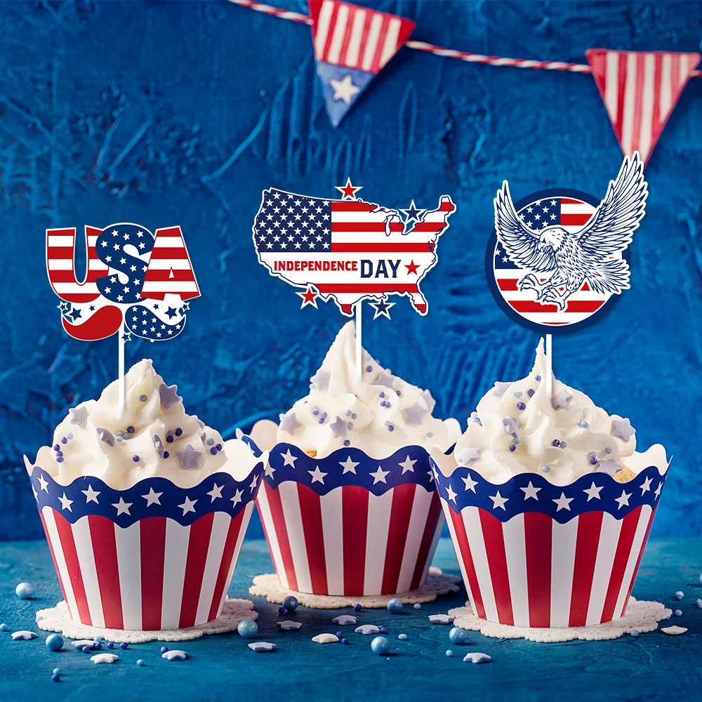 Decoraciones para tartas del Día de la Independencia Americana, insertos para tartas con temática de EE. UU., 12 piezas