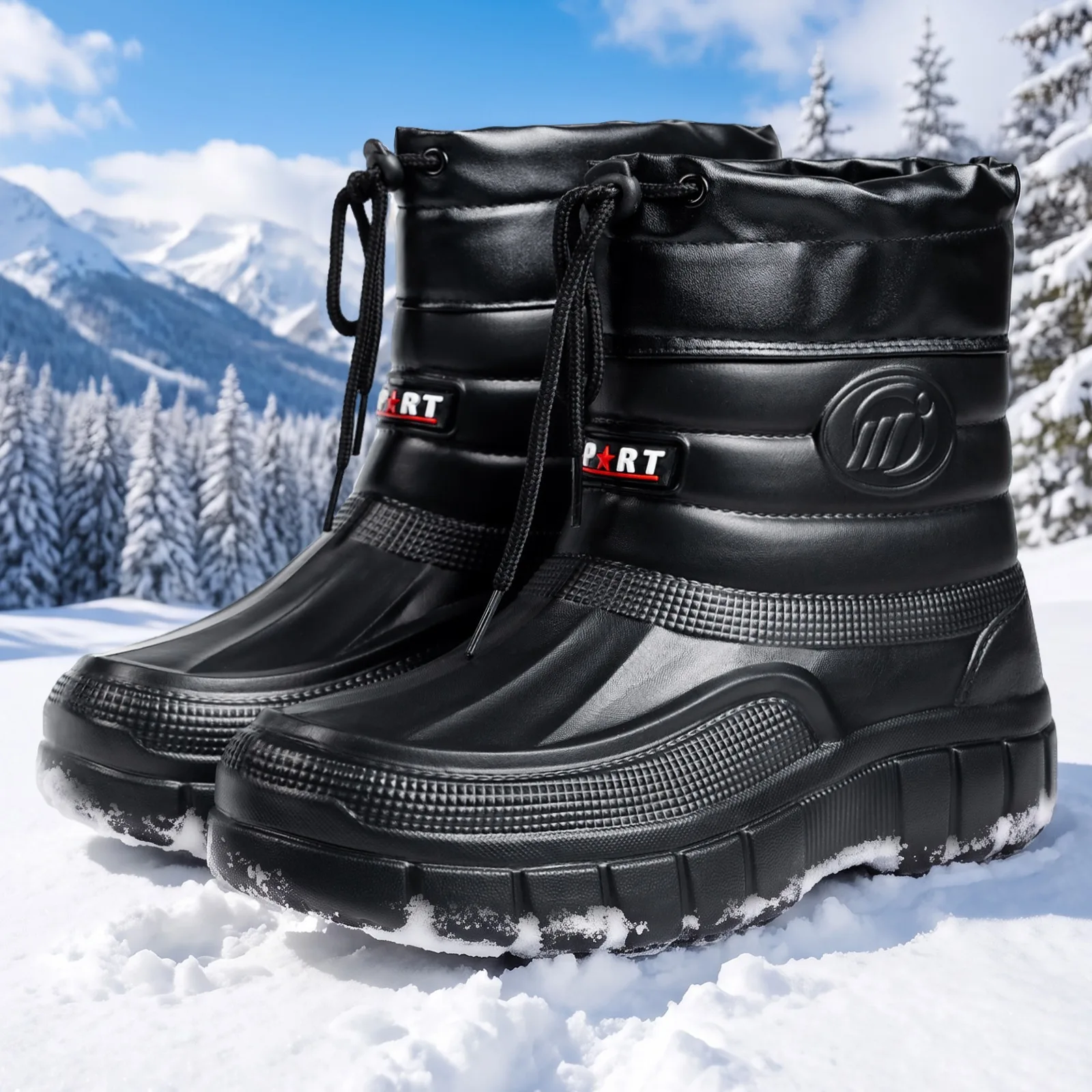 Winter Herren Baumwollschuhe mit Samt und warmem Leder, dicker Sohle, Kordelzug, hoher Schaft, schwarz, Outdoor, kältebeständig, Schneestiefel – Detail 3