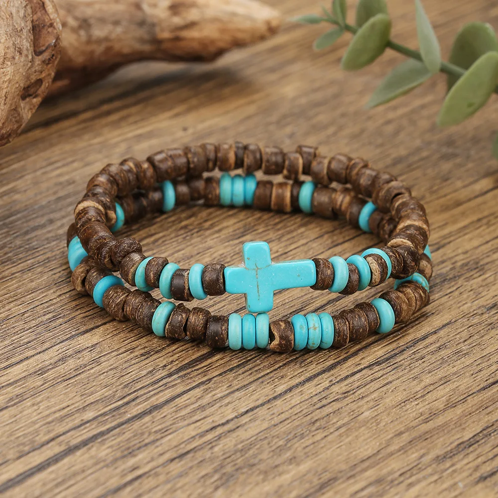 Boho Mehrlagiges Holzperlen-Armband Vintage Kreuz Herren Kokosnuss-Armband Schmuck Modisches Sommer-Accessoire – Detail 2