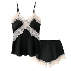 Women Lace Trim Pajama Set Sexy Cami Top and Shorts Sleepwear Loungewear Two Piece Set  home clothes Nightwear Black Plus Size