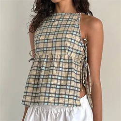 Dourbesty Plaid Print Sleeveless Tank Crop Top for Women Summer Party Clubwear Side Split Tie-up Ruched Retro Vest Streewtear