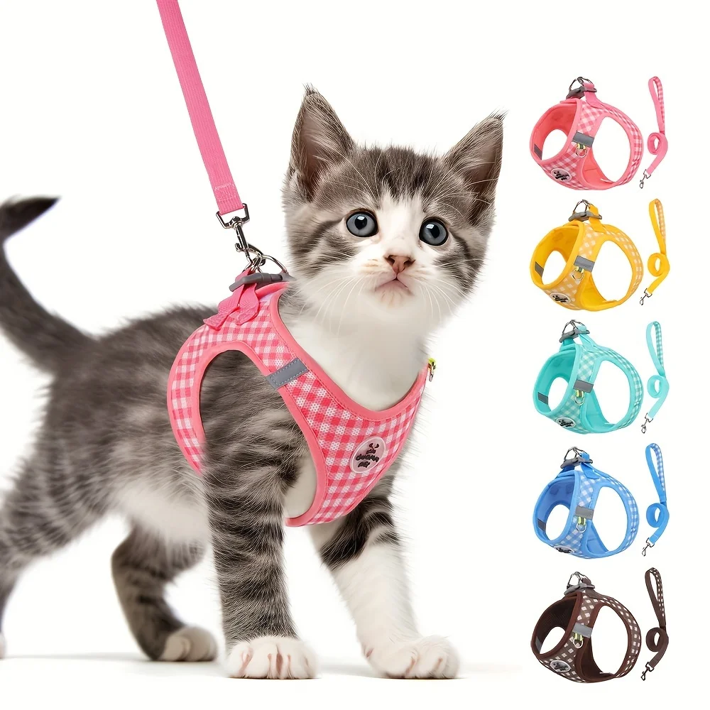 Festive Gingham Cat Harness: Breathable Polyester with Metal Clasps and Reflective Straps for Safe Walks