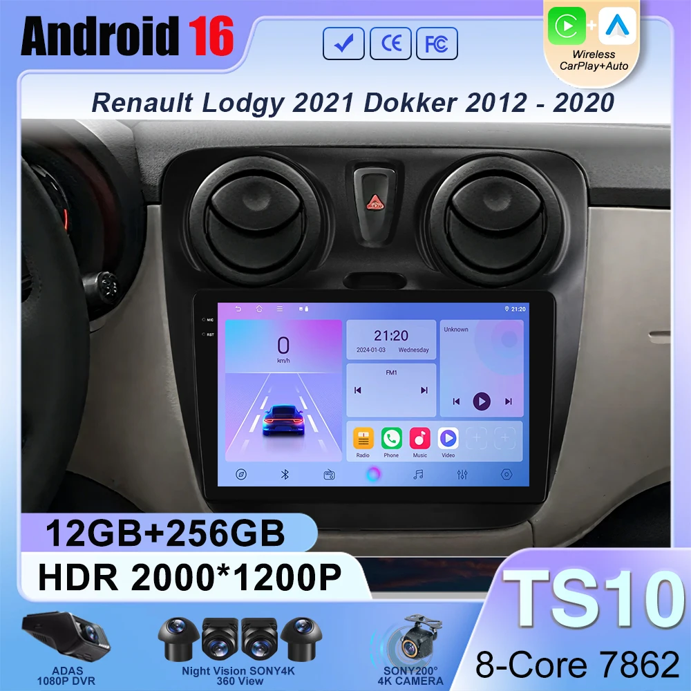 

Android14 для Renault Lodgy 2021 Dokker 2012-2020 автомобильный радиоприемник беспроводной Carplay стерео головное устройство мультимедийный плеер GPS-навигация