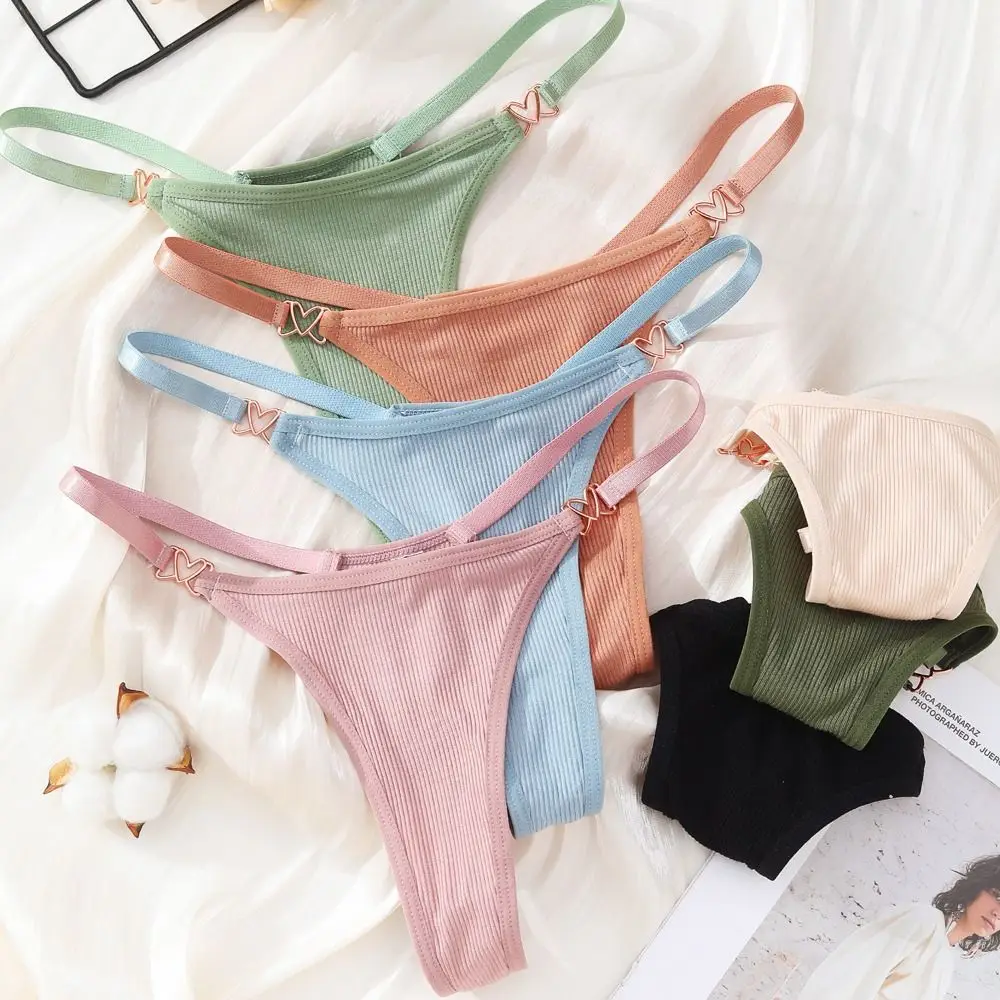 Solid Color Sexy Cotton Thong Comfortable Low Waist Heart Buckle Thread Panties Underwear G-String Traceless Briefs Women