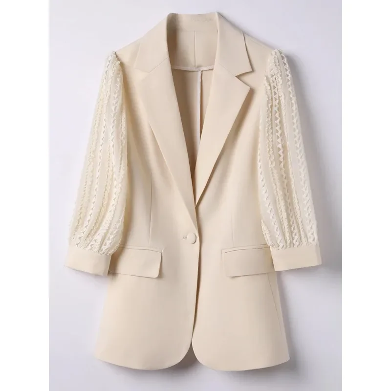 Spring Summer Women Formal Blazer Coat Ladies Female Apricot Blue Black Three Quarter Sleeve Business Work Wear Jacket