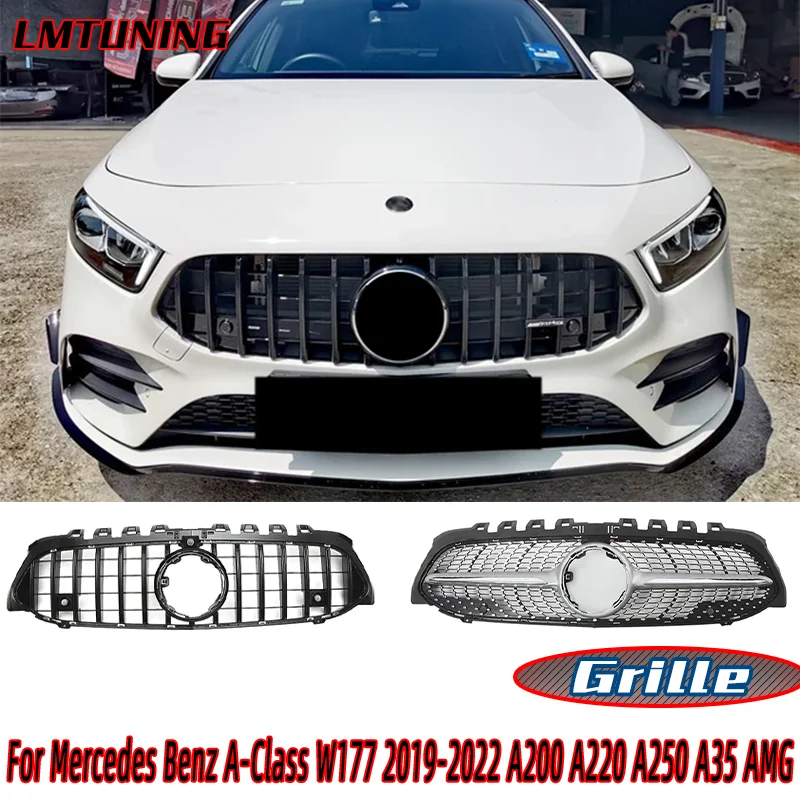 

For Mercedes Benz A-Class W177 2019-2022 A200 A220 A250 A35 AMG Chrome Diamonds Style Black GTR Front Bumper Grille Accessories