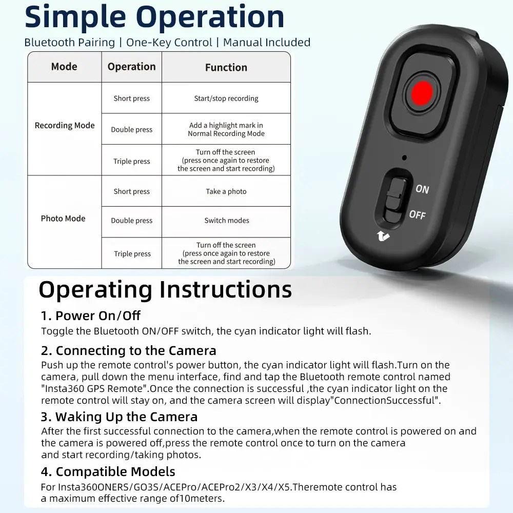 Portable Bluetooth Remote Control 10M Range Lightweight Camera Wireless Shooting Controller Mini for Insta360 X5/X4/AcePro 2