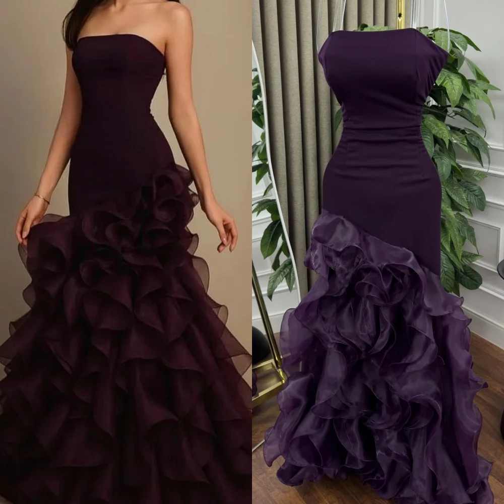 

Customized Matching Modern Style Jersey Pleat Ruched Tiered Mermaid Strapless Long Dresses Bespoke Occasion Dresses High Quality