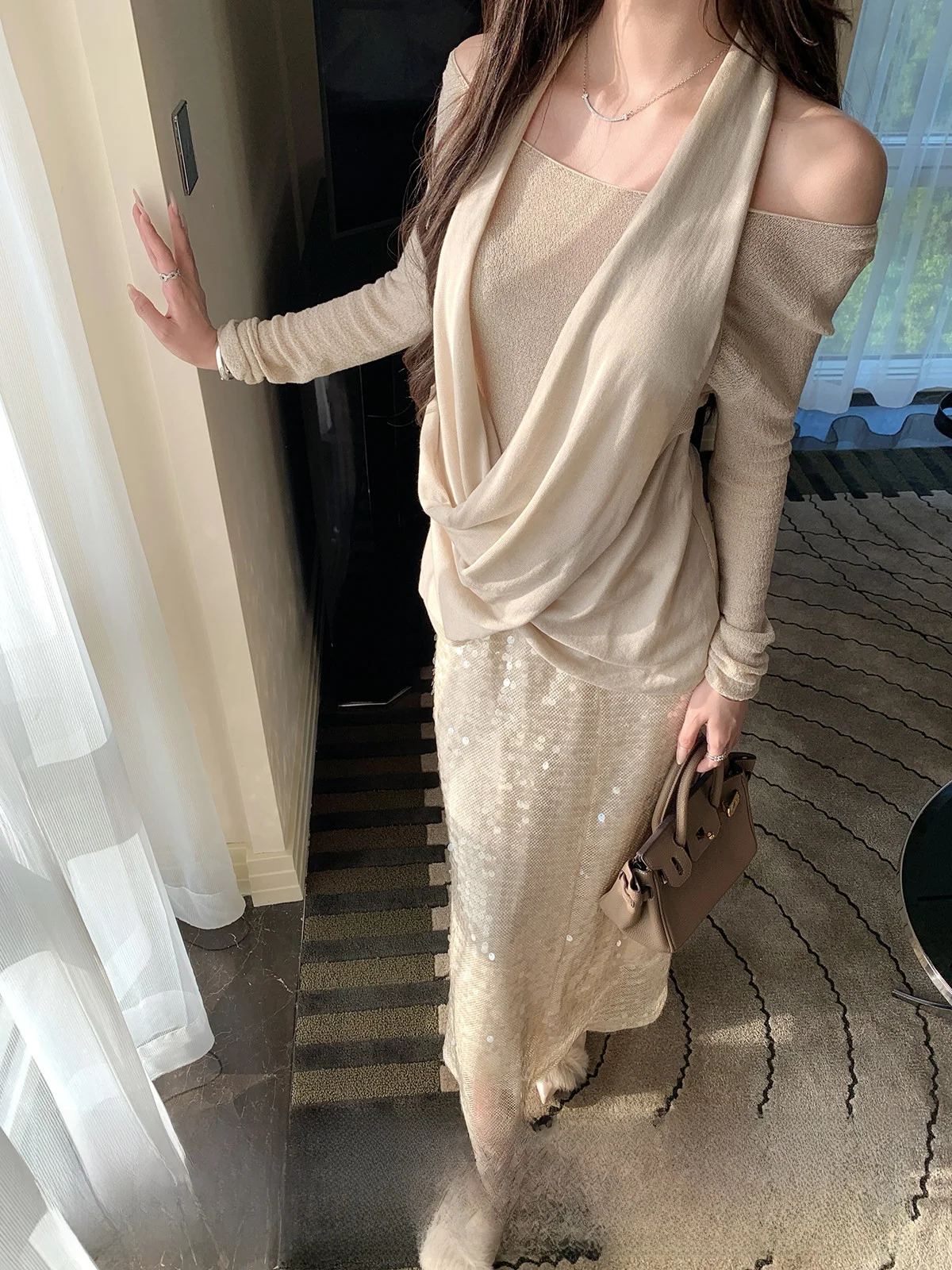 

Юбка Yoyozhang Gold-d Sequin F с пайетками, женская облегающая юбка-карандаш, светло-хаки, с завышенной талией, H-образный силуэт