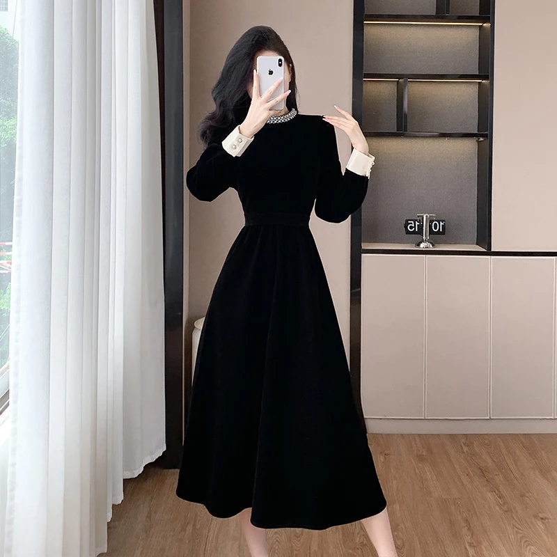 High Quality Fall Winter French Hepburn Velvet Evening Midi Dress Fashion Women Diamond Collar Black A Line Office Party Dress