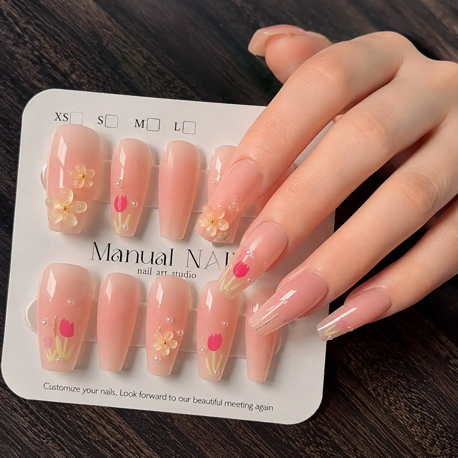 10Pcs/30Pcs Natural Gradient With Hand Painted Tulips Press On Nail Nude Pink Flowers Fake Nail Elegant Wedding Style False Nail