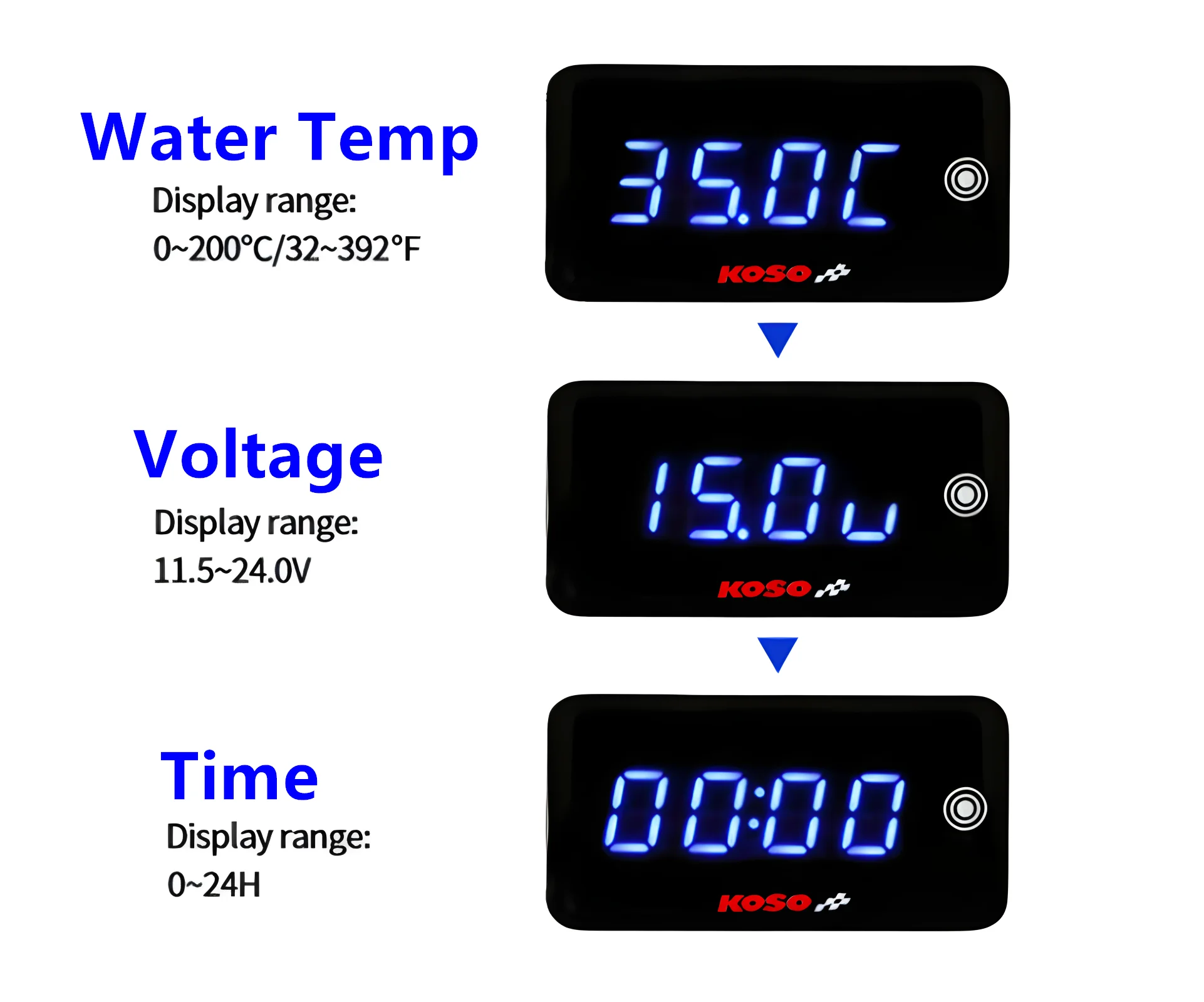 Koso-ユニバーサルデジタルLCDディスプレイ,水温計,水温,時間,ボルト,オートバイ,カワサキ,ヤマハ,BMW, 3 in 1