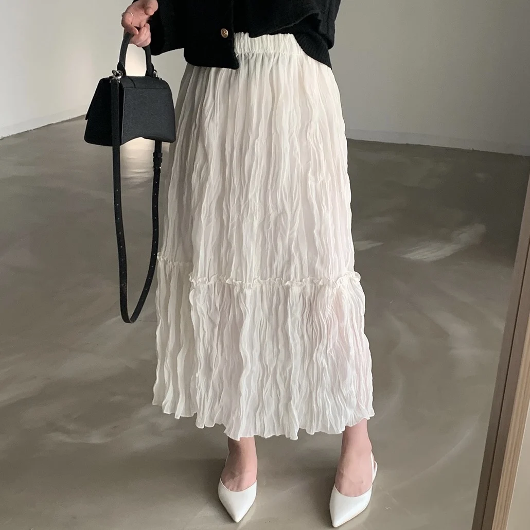 Chic High Waist Midi Skirt Women's Pleated Texture Chiffon Skirt Loose Fit Early Autumn Fashion Korean Style Breathable Skin-...