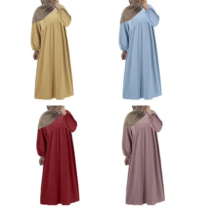 Robe Abaya à manches longues lanterne pour femmes, robe musulmane, col rond, plissés décontractés, vêtements élégants, mode féminine, nouveau tempérament