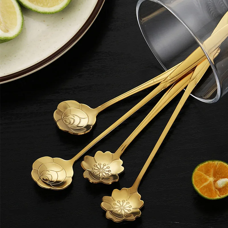 

1pc Flower Dessert Spoons Stainless Steel Coffee Spoon Gold Small Teaspoons Creative Cherry Blossom Ice Cream Fruit Honey