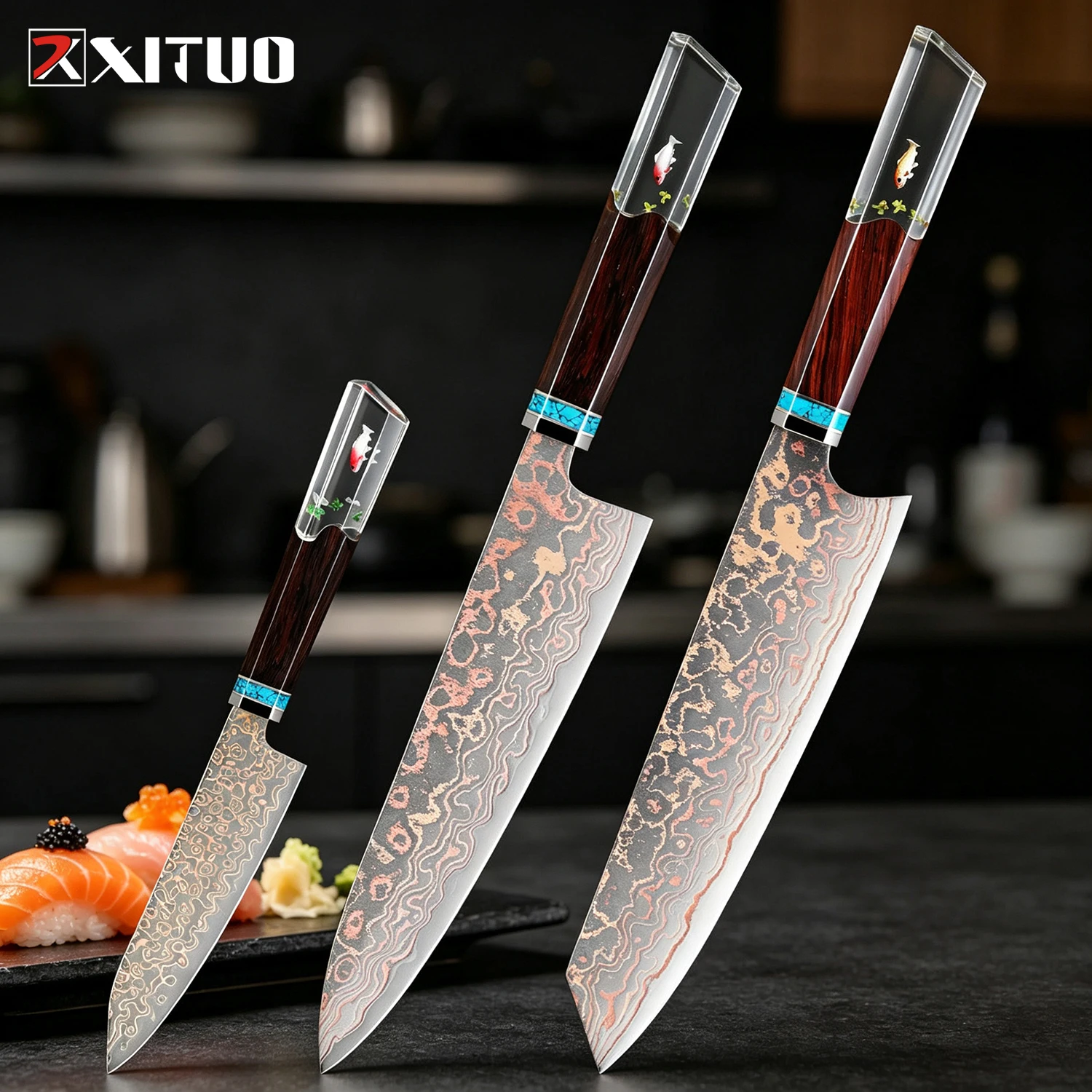 

XITUO Premium Copper Damascus Kitchen Knife 1-3PCS,Rainbow Copper Damascus Steel Japanese Chef Knives,Exquisite Octagonal Handle