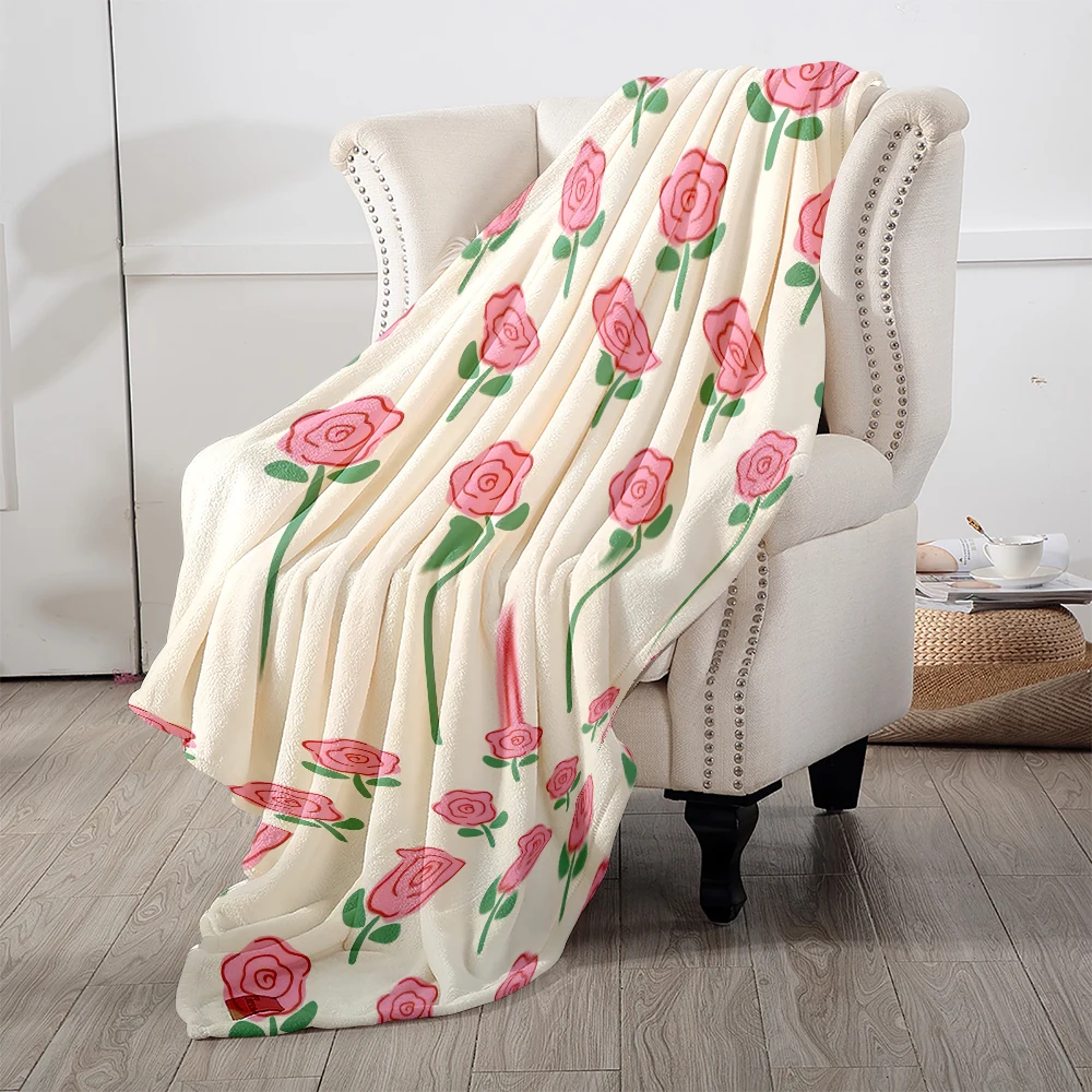 Cream Pink Roses Green Flannel Blanket Soft Cozy Throw Blanket for Bed Sofa Couch Fuzzy Plush Bed Cover