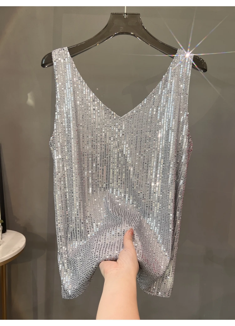 2024 New European and American Sequined V-neck Vest Worn Inside A Suit Bottoming Shirt and Worn Outside A Sparkling Top