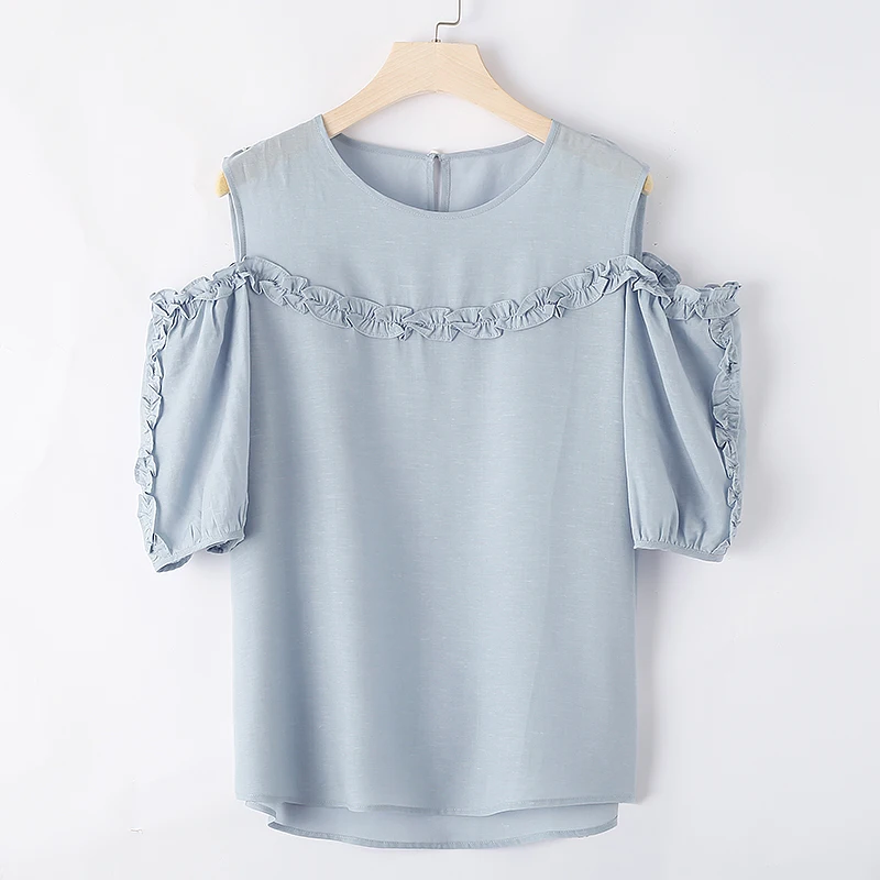 

Summer Women's Lace Shirt Short Sleeve Shoulder Bared Lin Lyocell Blend Loose Fit round Neck Regular Length XKING AXSKEN