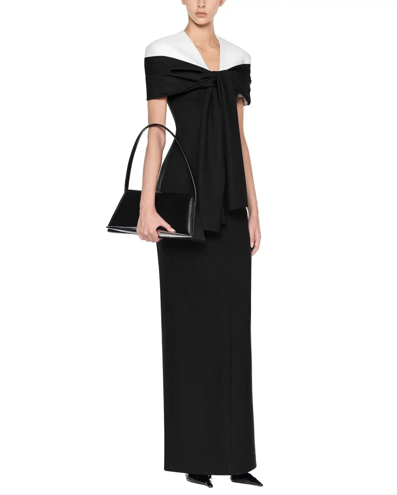 Customized V-neck Ankle Length Short Sleeves High Fork Black Color Contrast Vestidos Elegantes Para Mujer Para Una Boda فساتين