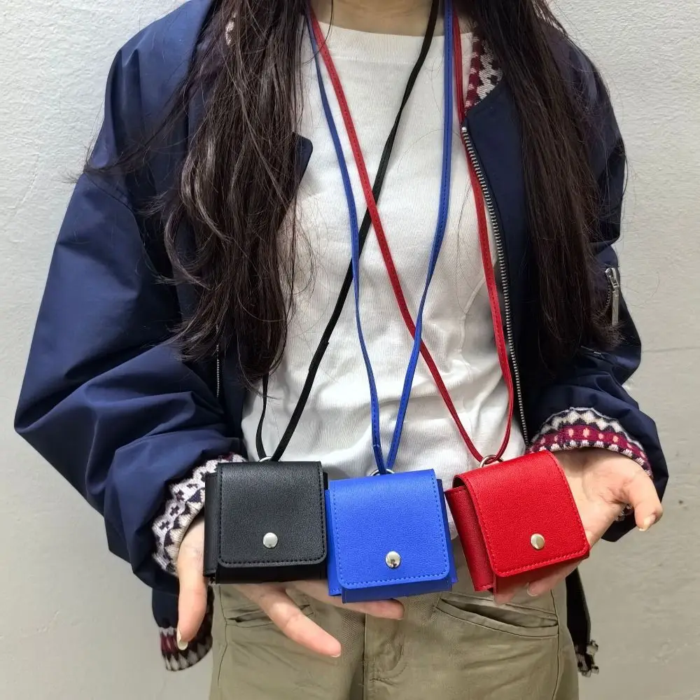

Portable Hanging Neck Headphone Bag PU Leather Multifunctional Lanyard Lipstick Bag Card Holder Square Small Coin Purse Party