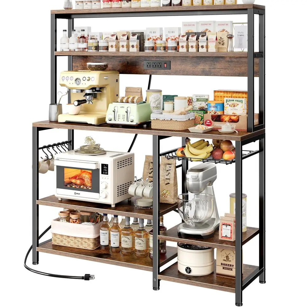 

Bakers Rack with Power Outlet, 47.2 Inches Coffee Bar with 3 LevelAdjustable Open Shelves, Wire Basket, Kitchen Microwave Stand