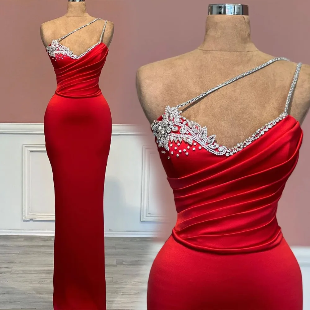 New Red Straight Evening Dresses One-Shoulder Floor-Length Beaded Crystal Satin long Backless Plus Size Custom