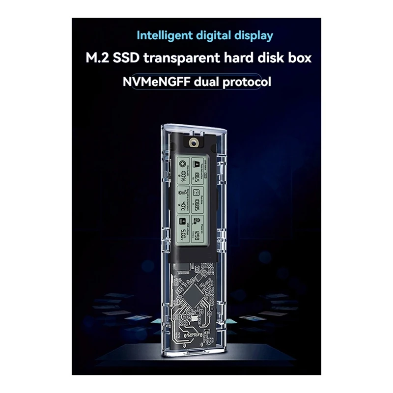 M.2 NVME/NGFF Dual Protocol SSD Enclosure Transparent Hard Drive Case USB3.2 With Intelligent Display SATA SSD Adapter