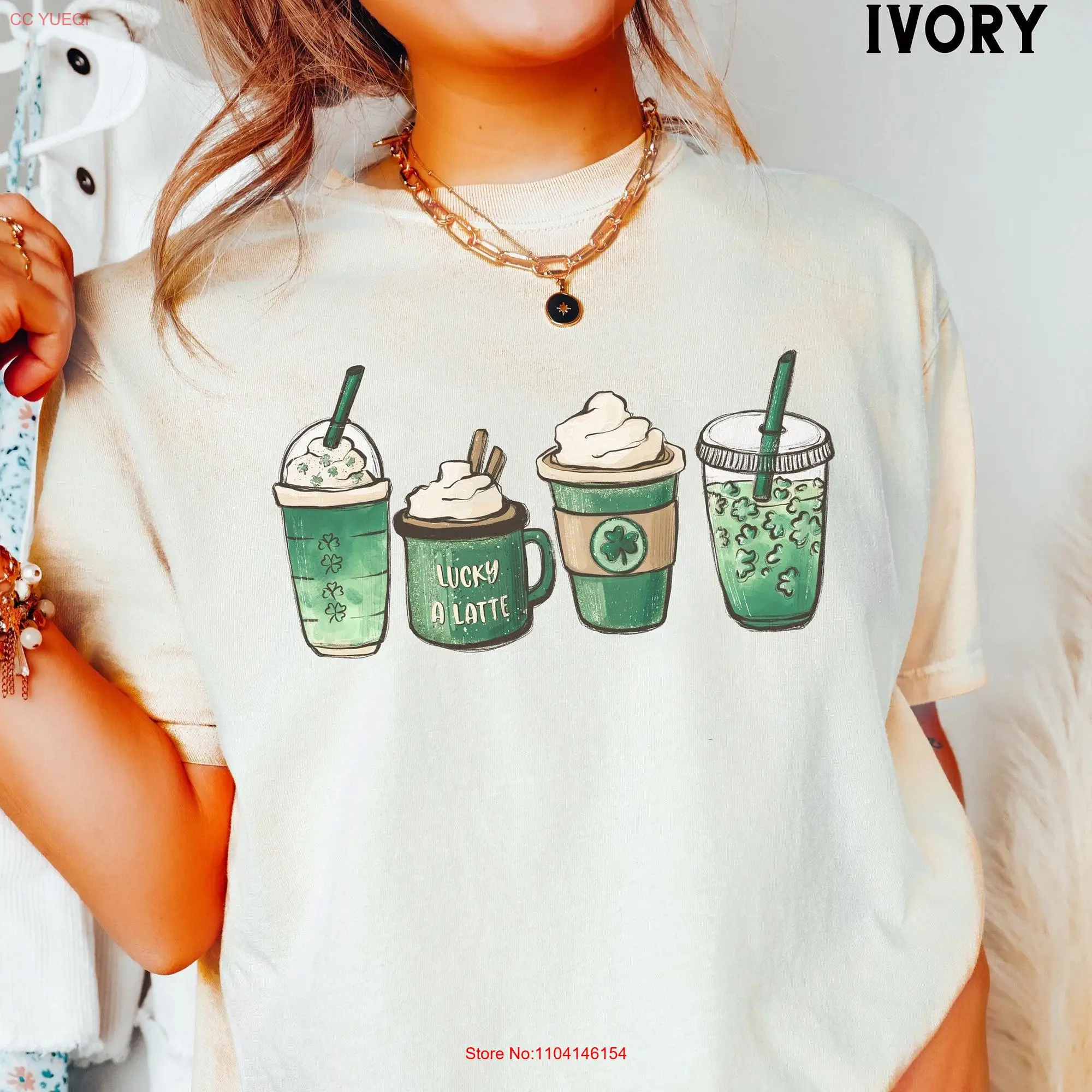 St Patricks Coffee Cups T Shirt Comfort Colors Day Lucky Green Latte Spring Lover For Her long or short sleeves