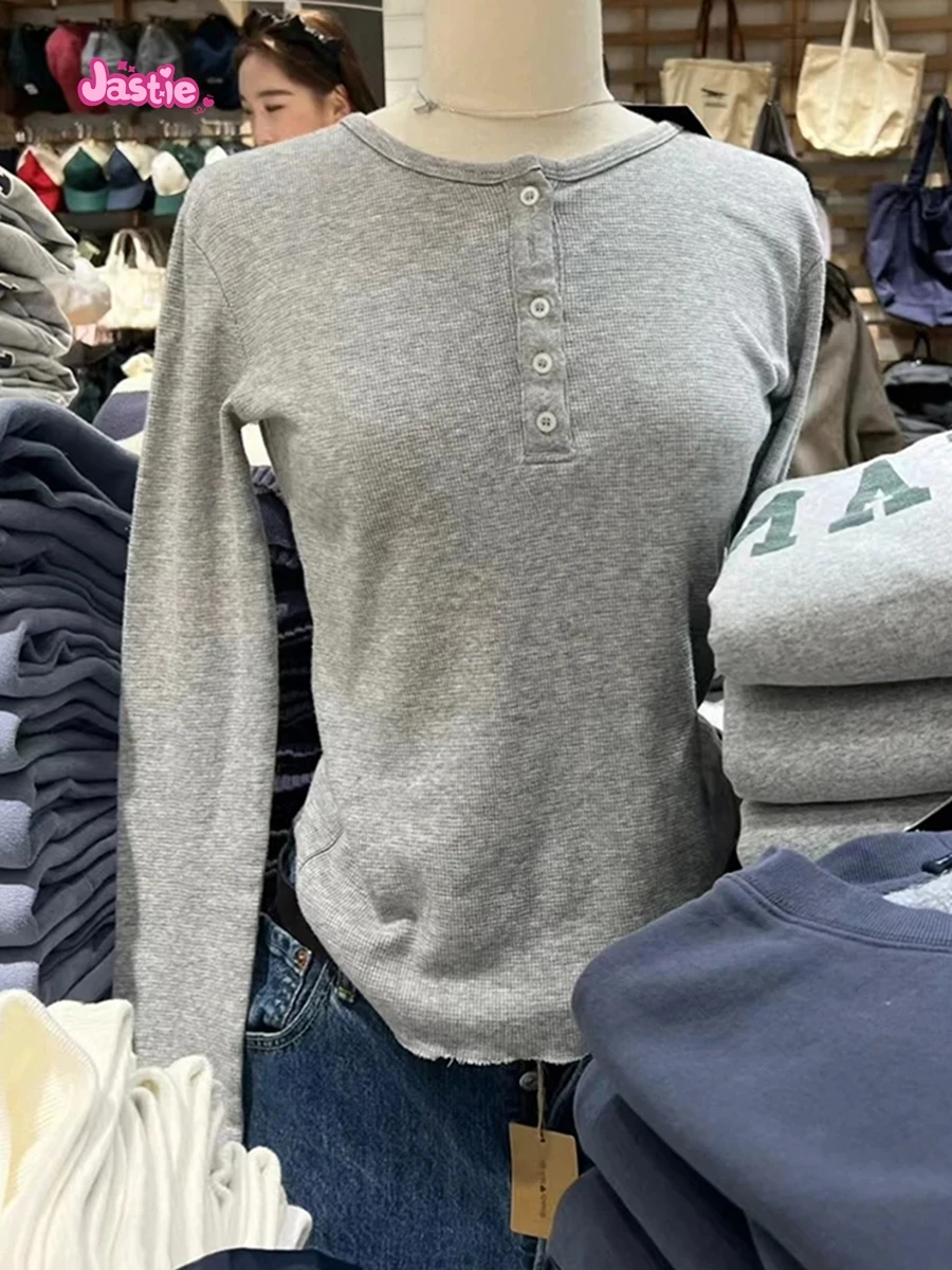 Modny guzik solidne koszulki z okrągłym dekoltem z długim rękawem damskie nowe proste bawełniana Basic miękkie Casual bluzki Vintage Streetwear eleganckie koszulki Y2K