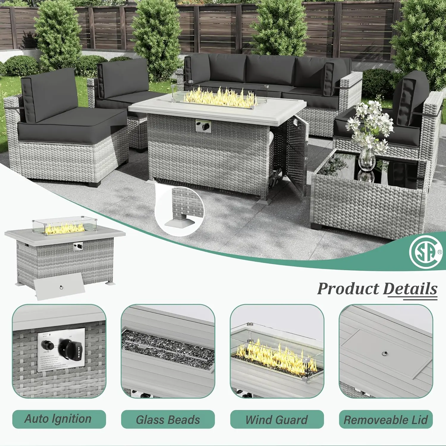 Patio Furniture Set With Fire Pit Table, With Seat CushionsOutdoor Modular Wicker  With Btu Propane Gas Fire Pit Table