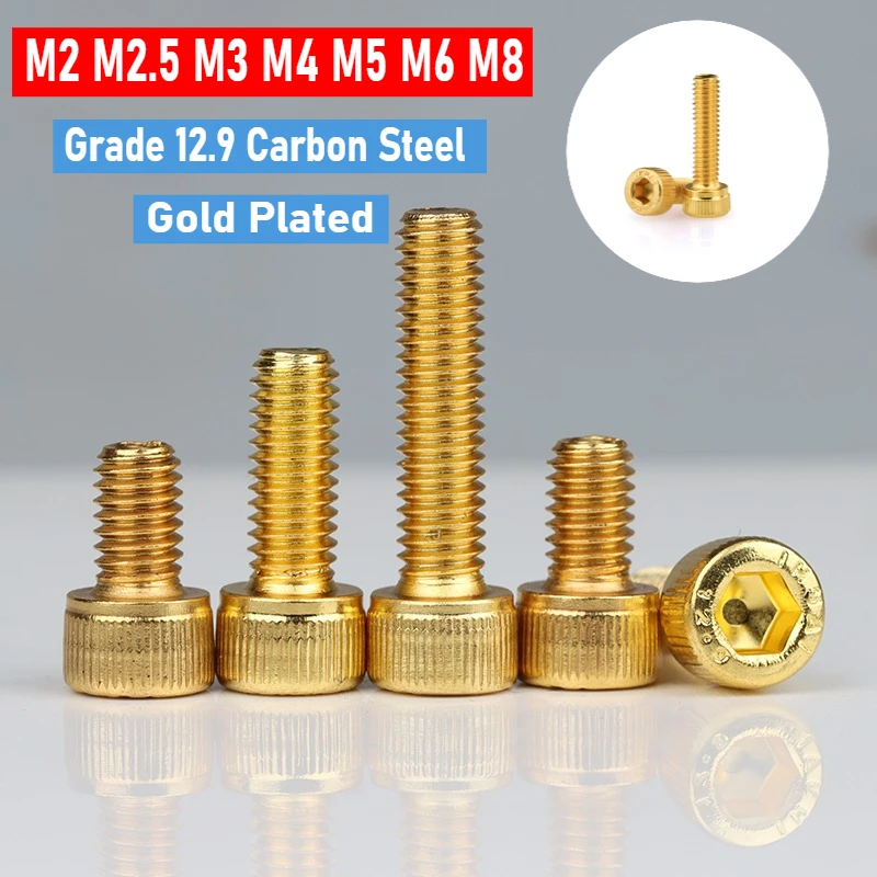 2–20 Stück M2 M2,5 M3 M4 M5 M6 M8 Kohlenstoffstahl der Güteklasse 12,9, vergoldet, Innensechskantschraube, Innensechskantschraube, 4–50 mm