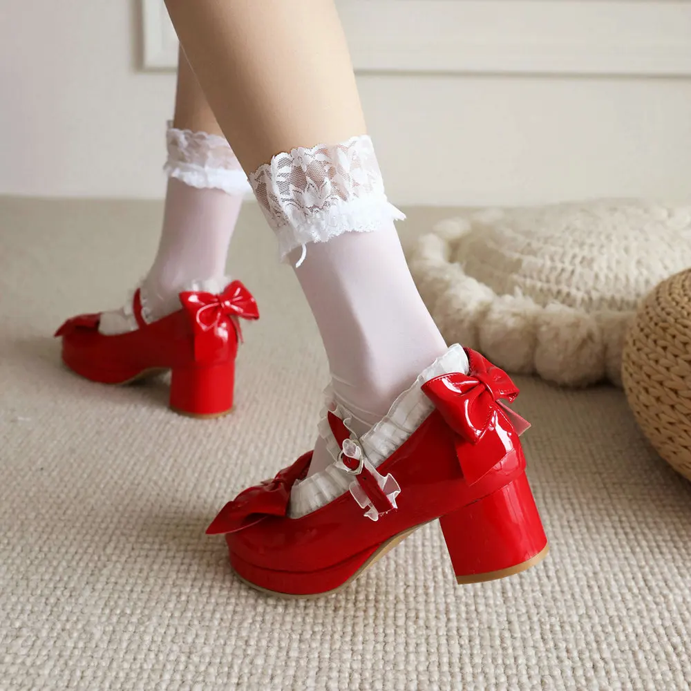 Patent Leather Sweet Lolita Mary Jane Shoes JK Princess Maid Cosplay Tea Party Pumps Kawaii Bow Med Heels Lace Strap Plus Size