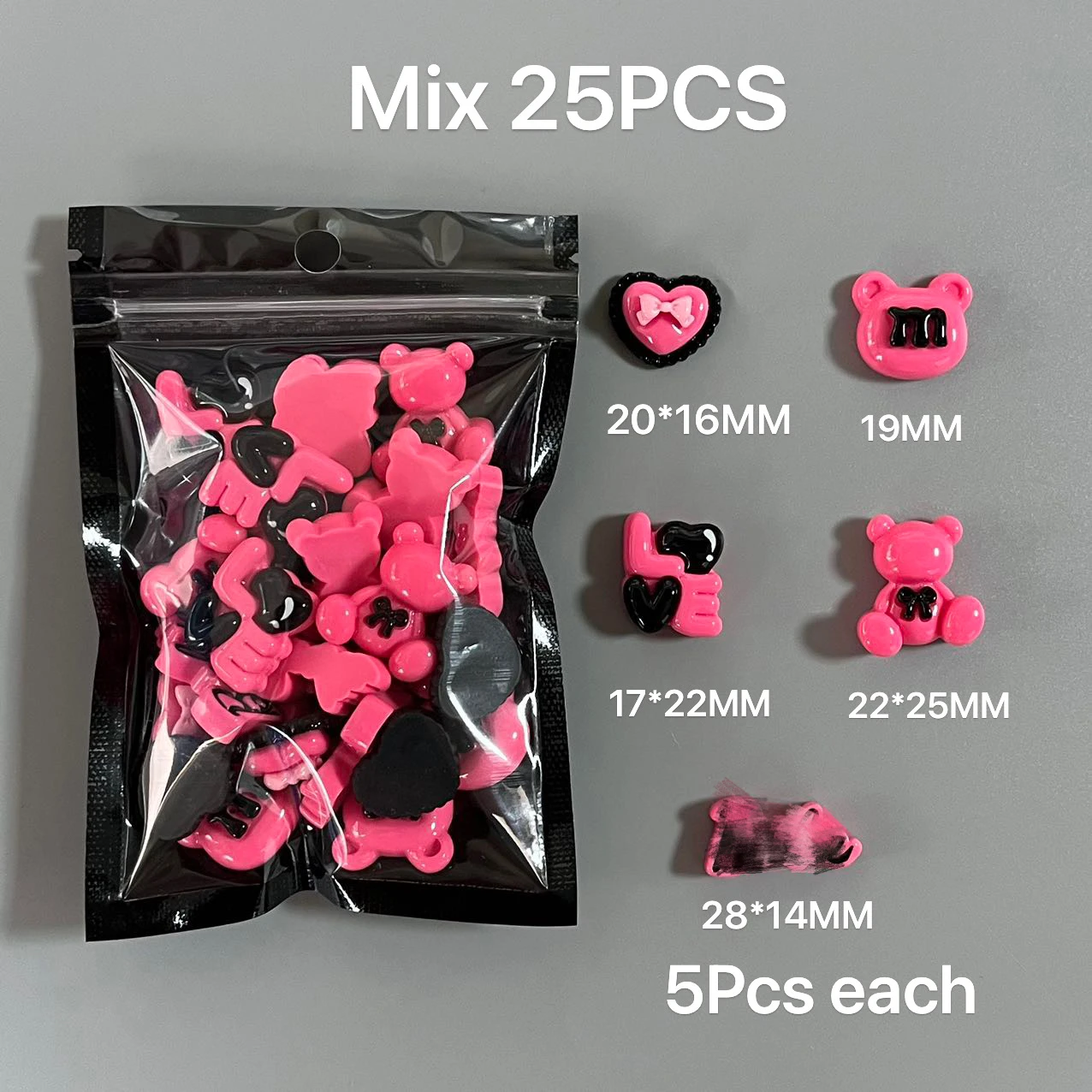 Y2K Hot Pink 30pcs Mix Heart Bear Candy Loiipop Resin Parts Handmade Phose Case Hair Girls Long Nail Art Big Decoraiton Charms