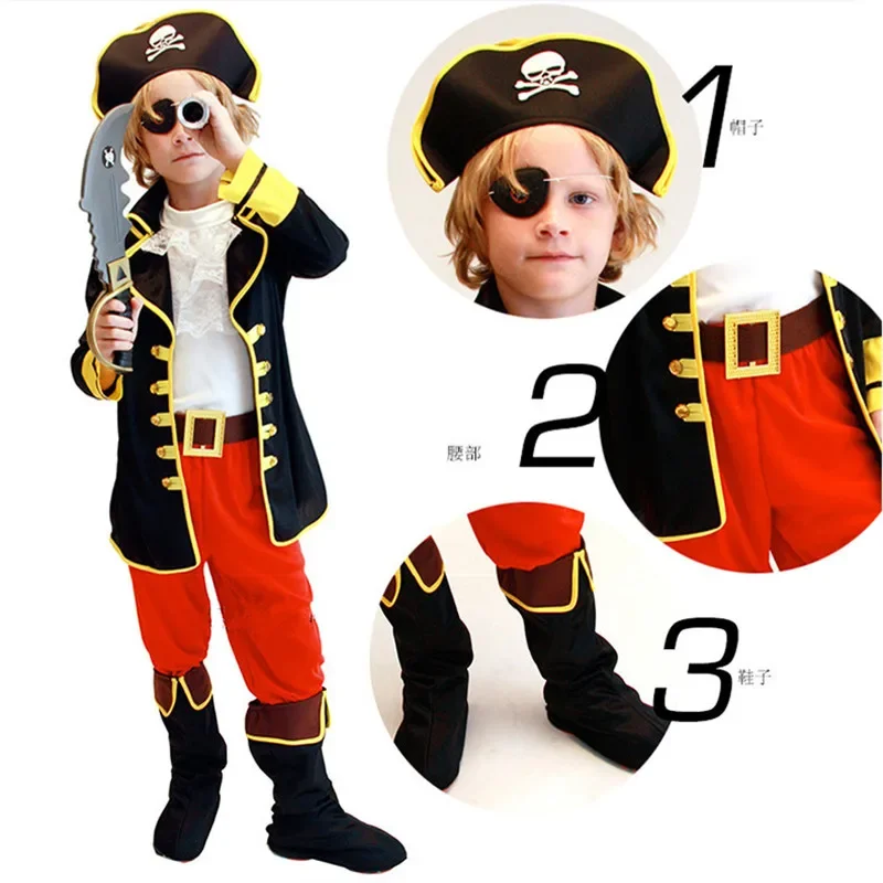 Pirate Captain Cosplay Costume Kids Boys Carnival Fancy Clothes With Props Hat Halloween Costumes Children Jumpsuits