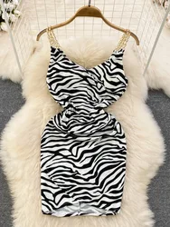 Foamlina Fashion Women Summer Zebra Stripes Print Bodycon Dress Sexy Chain Spaghetti Strap V Neck Sleeveless Mini Party Dresses