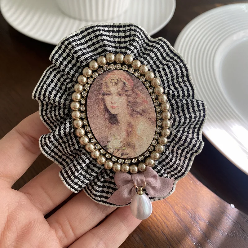 Handmade/Vintage Inspired Fabric Pearl Crysta Cameo Brooch/Clip in