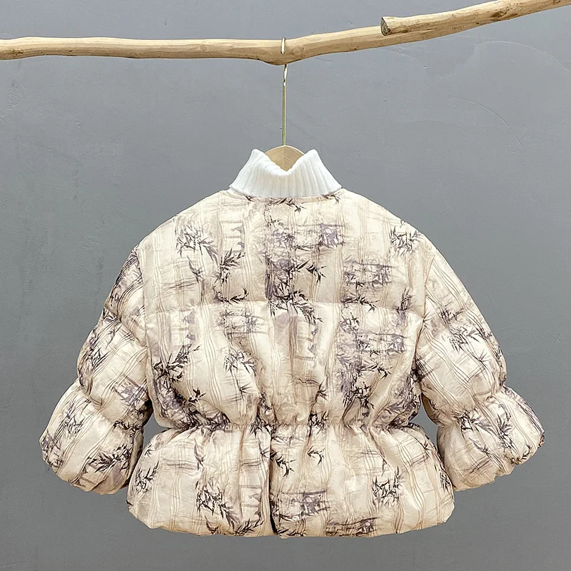 2025 شتاء دافئ موضة 2 3 4 5 6 8 سنوات الأطفال سماكة بطة أسفل ريشة نبات كامل طباعة الاطفال طفل الفتيات سترة معطف