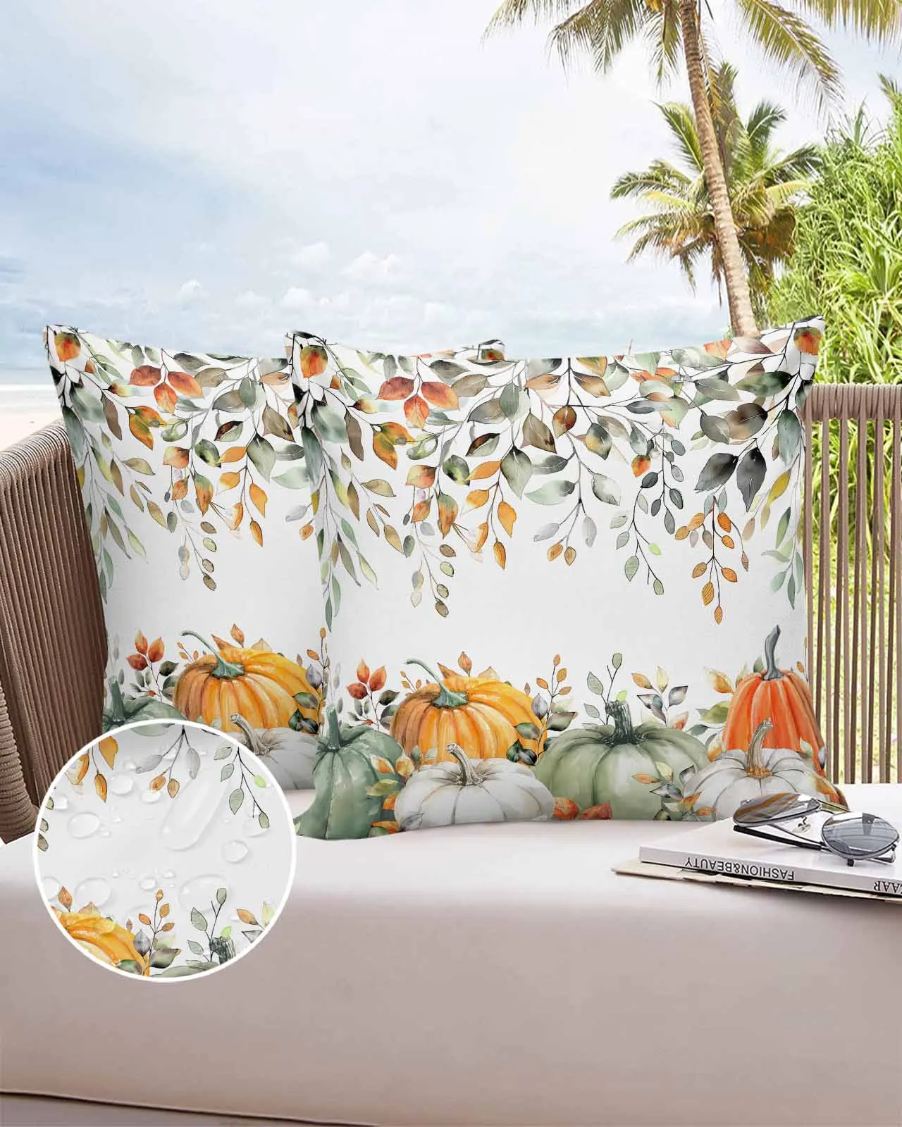 

2/4PCS Thanksgiving Plants Green Eucalyptus Leaves Pumpkin Outdoor Garden Chair Waterproof Cover Cushion Home Decor Pillow Case