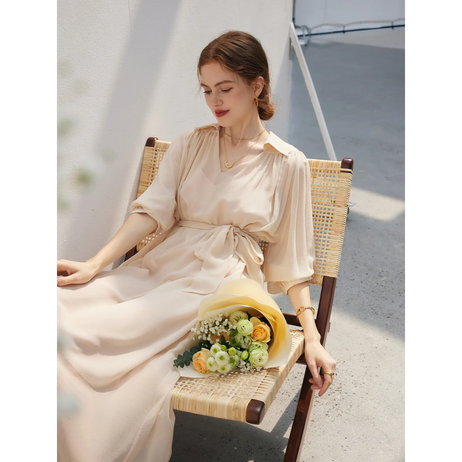 2024 Spring/Summer New Polo Two Piece Set Micro Transparent 100% Natural Mulberry Silk Qiaoqisha V-neck Middle Sleeve Dress