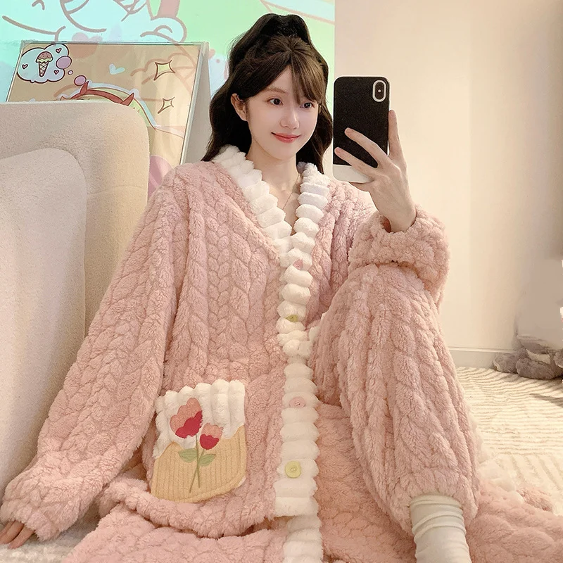 

Женский пижамный комплект из кораллового флиса с v-образным вырезом и длинными рукавами, зимняя теплая одежда для сна, уютная ночная рубашка, домашняя одежда, домашняя одежда с брюками