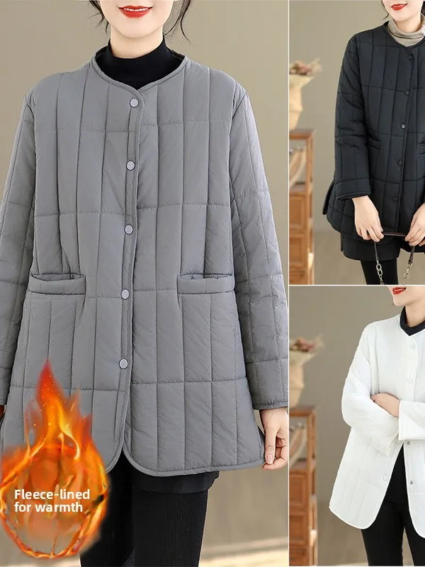 ファッショナブルな格子縞ステッチコットンジャケット、ロング丈、ラウンドネック、ミドル丈、大きいサイズ、レディース冬用コート、韓国風、ゆったりフィット