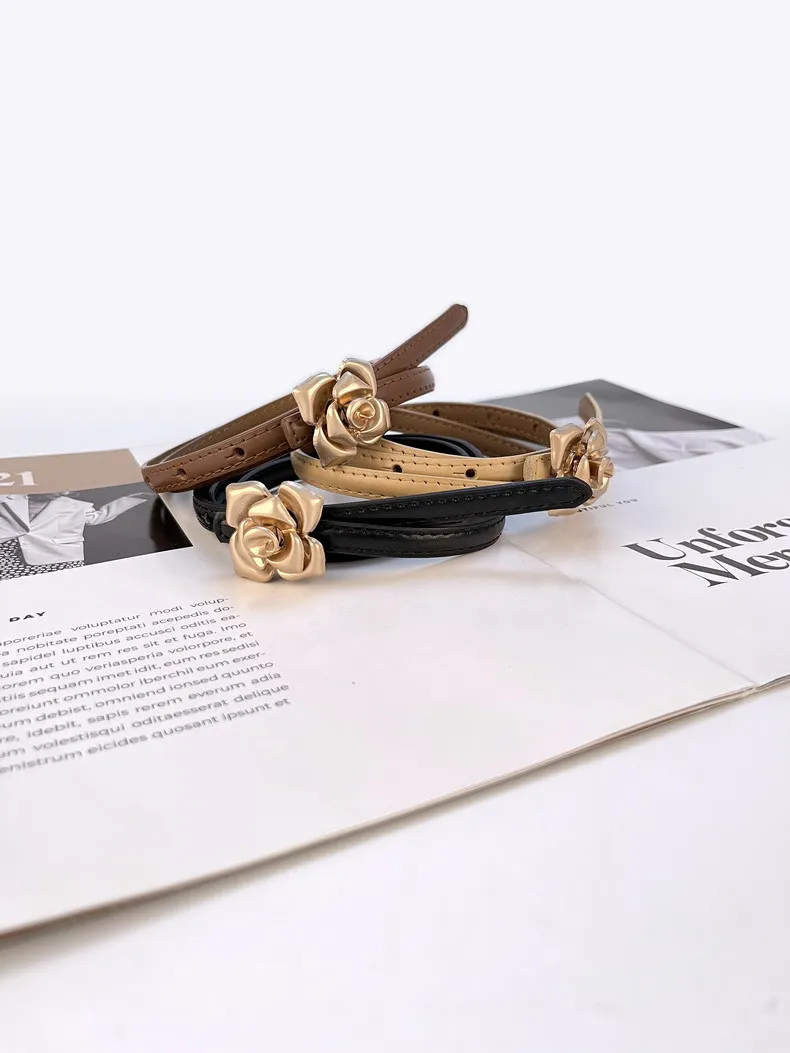 New leather women's thin belt women's flower waist thin cowhide with sweater dress belts for women luxury designer brand