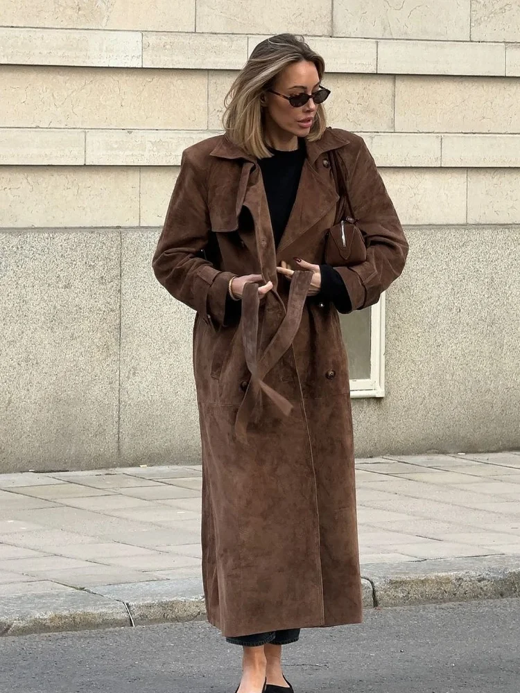 Fashion Brown Women Imitation Deer Fur Coats Lapel Long Sleeve Belt Double-breasted Windbreaker Autumn Lady High Street Outwear